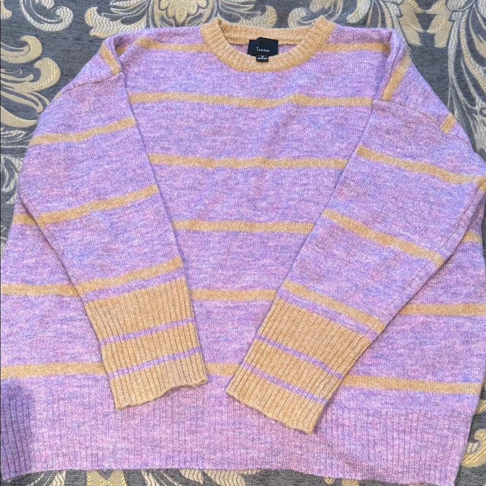 Lumiere Men's Lavender and Mustard Striped Crewneck Sweater